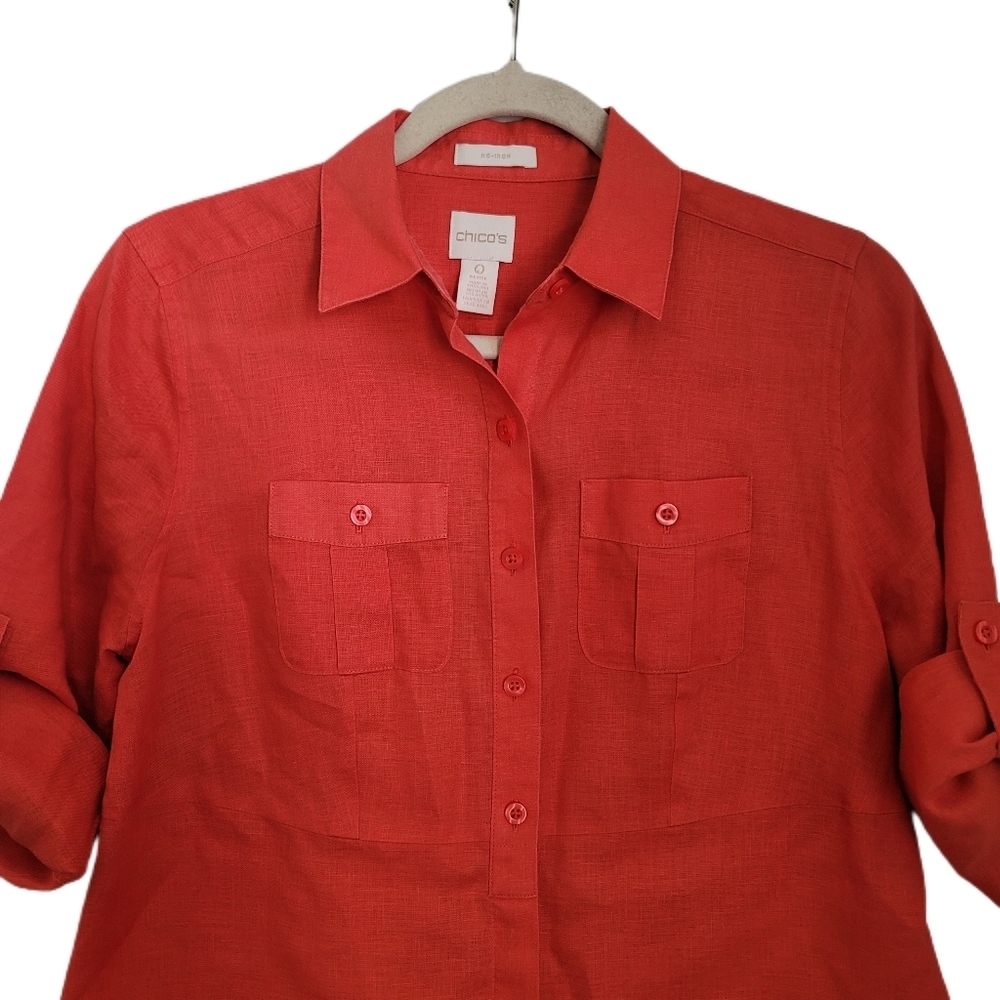 Chicos Top Womens Size 0P S Small Orange Linen Button Up Roll Tab Sleeve No Iron - Picture 3 of 7